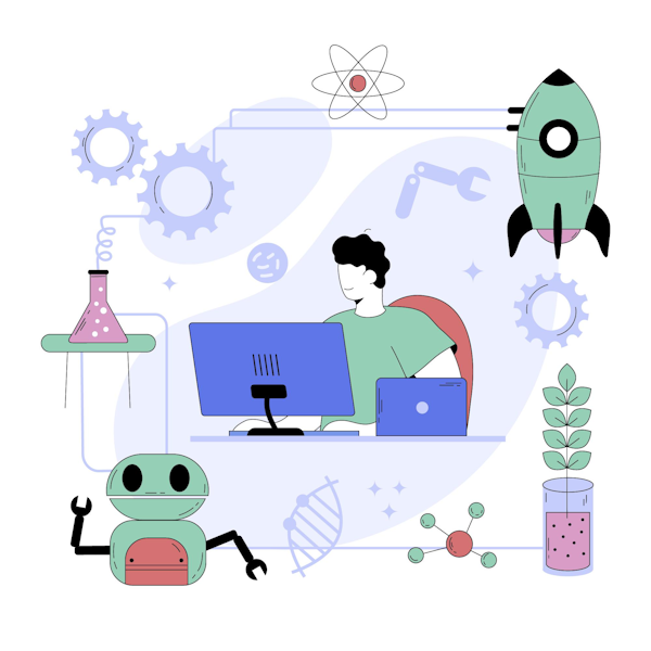 Illustration d'un adulte devant un écran avec une fiole chimique, un robot, un rouage et une fusée autour de lui.