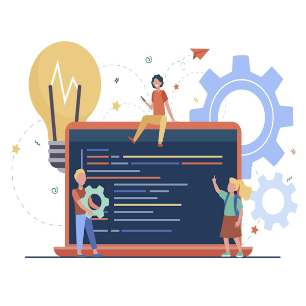 Illustration de trois enfants devant un écran géant, observant avec intérêt.