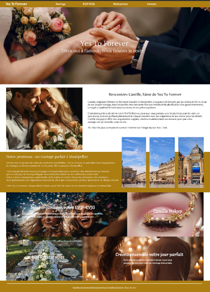 Maquette du site web 'Yes To Forever' dédiée à l'organisation de mariages et d'enterrements de vie de jeune fille/garçon.